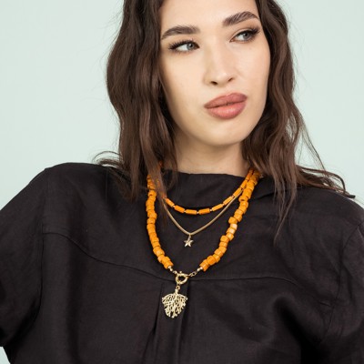 Women Gold-Plated Boho Layered Necklace Set 3Pcs, Orange Long Beads, Snake Chain with Star Pendant, Orange Beads with Leaf Pendant, Bohemian Trendy & Adjustable Stylish Fashion Jewelry