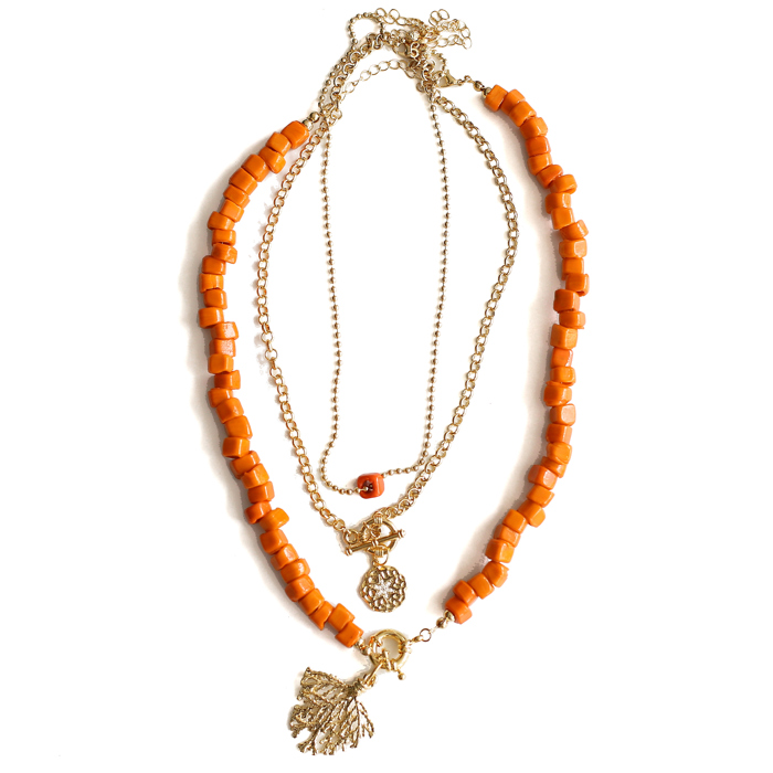 Women Gold-Plated Boho Layered Necklace Set 3Pcs, Ball Chain with Orange Bead, Chain with Round Pendant, Orange Beads with Leaf Pendant, Bohemian Trendy & Adjustable Stylish Fashion Jewelry