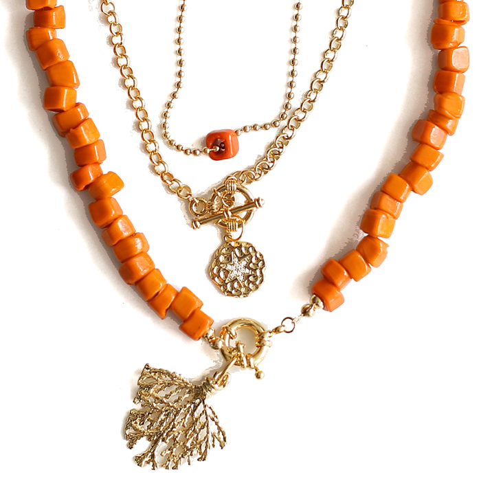 Women Gold-Plated Boho Layered Necklace Set 3Pcs, Ball Chain with Orange Bead, Chain with Round Pendant, Orange Beads with Leaf Pendant, Bohemian Trendy & Adjustable Stylish Fashion Jewelry