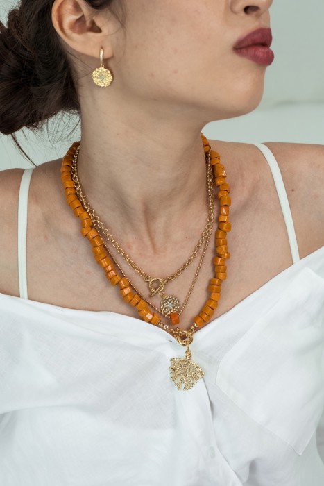 Women Gold-Plated Boho Layered Necklace Set 3Pcs, Ball Chain with Orange Bead, Chain with Round Pendant, Orange Beads with Leaf Pendant, Bohemian Trendy & Adjustable Stylish Fashion Jewelry