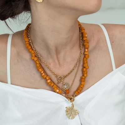 Women Gold-Plated Boho Layered Necklace Set 3Pcs, Ball Chain with Orange Bead, Chain with Round Pendant, Orange Beads with Leaf Pendant, Bohemian Trendy & Adjustable Stylish Fashion Jewelry