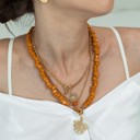  Women Gold-Plated Boho Layered Necklace Set 3Pcs, Ball Chain with Orange Bead, Chain with Round Pendant, Orange Beads with Leaf Pendant, Bohemian Trendy & Adjustable Stylish Fashion Jewelry