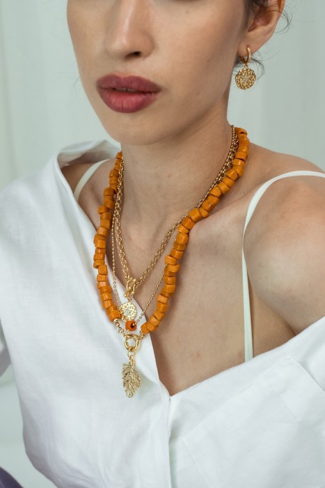 Women Gold-Plated Boho Layered Necklace Set 3Pcs, Ball Chain with Orange Bead, Chain with Round Pendant, Orange Beads with Leaf Pendant, Bohemian Trendy & Adjustable Stylish Fashion Jewelry