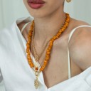  Women Gold-Plated Boho Layered Necklace Set 3Pcs, Ball Chain with Orange Bead, Chain with Round Pendant, Orange Beads with Leaf Pendant, Bohemian Trendy & Adjustable Stylish Fashion Jewelry