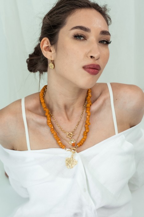 Women Gold-Plated Boho Layered Necklace Set 3Pcs, Ball Chain with Orange Bead, Chain with Round Pendant, Orange Beads with Leaf Pendant, Bohemian Trendy & Adjustable Stylish Fashion Jewelry