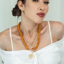  Women Gold-Plated Boho Layered Necklace Set 3Pcs, Ball Chain with Orange Bead, Chain with Round Pendant, Orange Beads with Leaf Pendant, Bohemian Trendy & Adjustable Stylish Fashion Jewelry