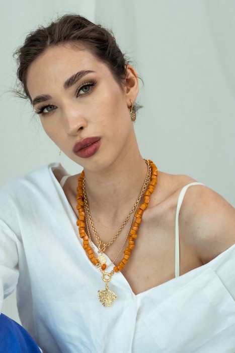 Women Gold-Plated Boho Layered Necklace Set 3Pcs, Ball Chain with Orange Bead, Chain with Round Pendant, Orange Beads with Leaf Pendant, Bohemian Trendy & Adjustable Stylish Fashion Jewelry