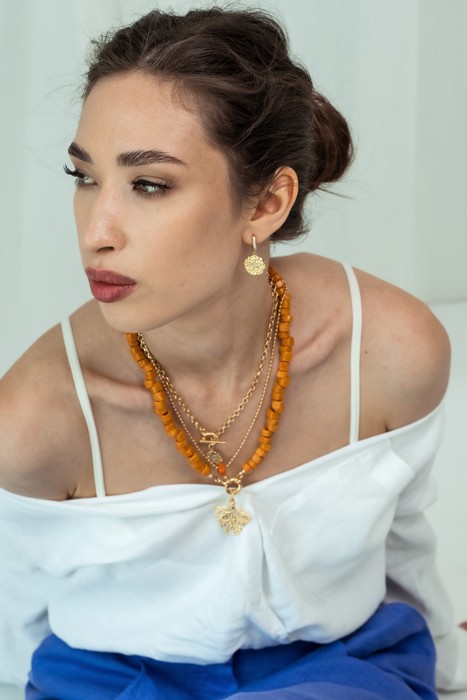 Women Gold-Plated Boho Layered Necklace Set 3Pcs, Ball Chain with Orange Bead, Chain with Round Pendant, Orange Beads with Leaf Pendant, Bohemian Trendy & Adjustable Stylish Fashion Jewelry