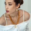  Women Gold-Plated Boho Layered Necklace Set 3Pcs, Ball Chain with Orange Bead, Chain with Round Pendant, Orange Beads with Leaf Pendant, Bohemian Trendy & Adjustable Stylish Fashion Jewelry