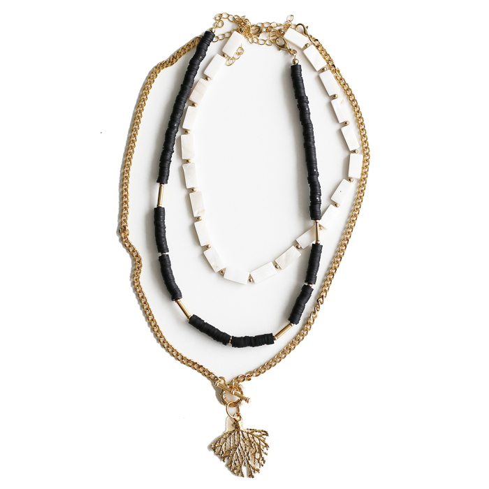 Women Gold-Plated Boho Layered Necklace Set 3Pcs, Mother of Pearl Flat Beads, Black Flat Round Beads, Chain with Leaf Pendant, Bohemian Trendy & Adjustable Stylish Fashion Jewelry