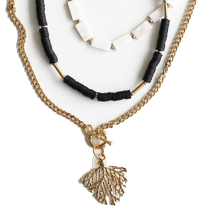 Women Gold-Plated Boho Layered Necklace Set 3Pcs, Mother of Pearl Flat Beads, Black Flat Round Beads, Chain with Leaf Pendant, Bohemian Trendy & Adjustable Stylish Fashion Jewelry