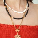  Women Gold-Plated Boho Layered Necklace Set 3Pcs, Mother of Pearl Flat Beads, Black Flat Round Beads, Chain with Leaf Pendant, Bohemian Trendy & Adjustable Stylish Fashion Jewelry