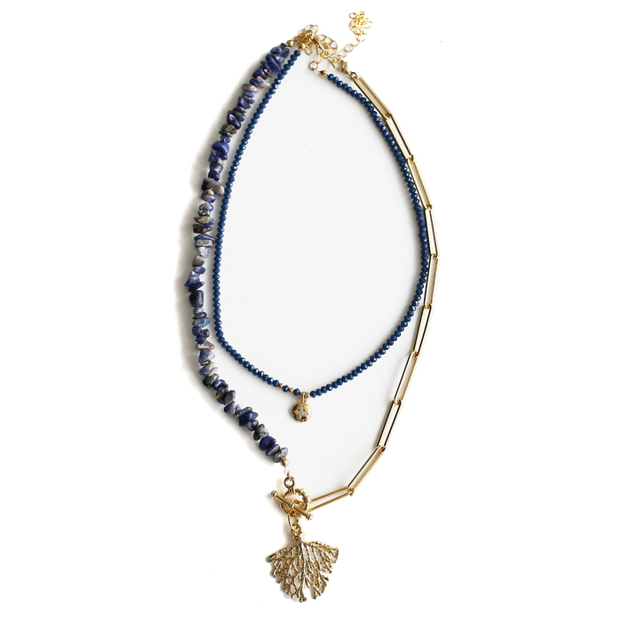 Women Gold-Plated Boho Layered Necklace Set 2Pcs, Blue Beads with Round Pendant, Half Lapis Lazuli Half Link Chain with Leaf Pendant, Bohemian Trendy & Adjustable Stylish Fashion Jewelry