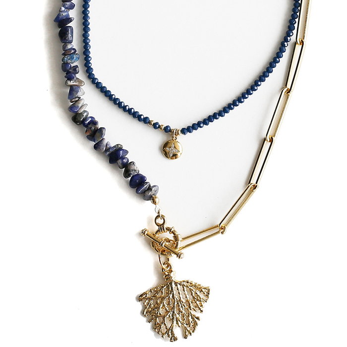 Women Gold-Plated Boho Layered Necklace Set 2Pcs, Blue Beads with Round Pendant, Half Lapis Lazuli Half Link Chain with Leaf Pendant, Bohemian Trendy & Adjustable Stylish Fashion Jewelry