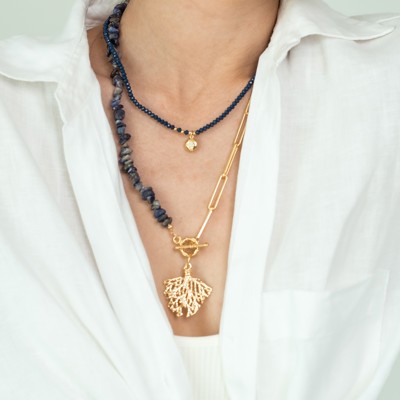 Women Gold-Plated Boho Layered Necklace Set 2Pcs, Blue Beads with Round Pendant, Half Lapis Lazuli Half Link Chain with Leaf Pendant, Bohemian Trendy & Adjustable Stylish Fashion Jewelry