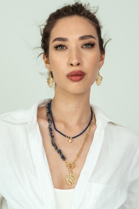 Women Gold-Plated Boho Layered Necklace Set 2Pcs, Blue Beads with Round Pendant, Half Lapis Lazuli Half Link Chain with Leaf Pendant, Bohemian Trendy & Adjustable Stylish Fashion Jewelry