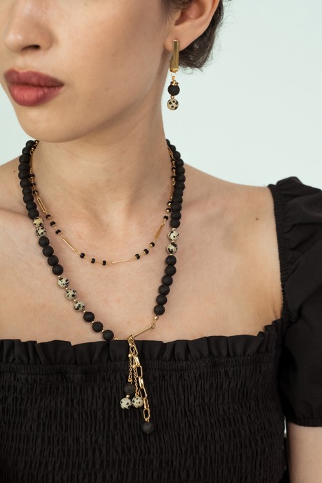 Women Gold-Plated Boho Layered Necklace Set 2Pcs, Black Beads with Chain Links, Jasper & Lava Stone with Stone & Star Pendant, Bohemian Trendy & Adjustable Stylish Fashion Jewelry