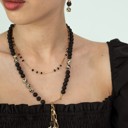  Women Gold-Plated Boho Layered Necklace Set 2Pcs, Black Beads with Chain Links, Jasper & Lava Stone with Stone & Star Pendant, Bohemian Trendy & Adjustable Stylish Fashion Jewelry