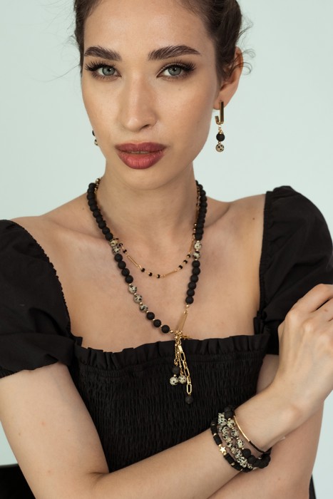 Women Gold-Plated Boho Layered Necklace Set 2Pcs, Black Beads with Chain Links, Jasper & Lava Stone with Stone & Star Pendant, Bohemian Trendy & Adjustable Stylish Fashion Jewelry