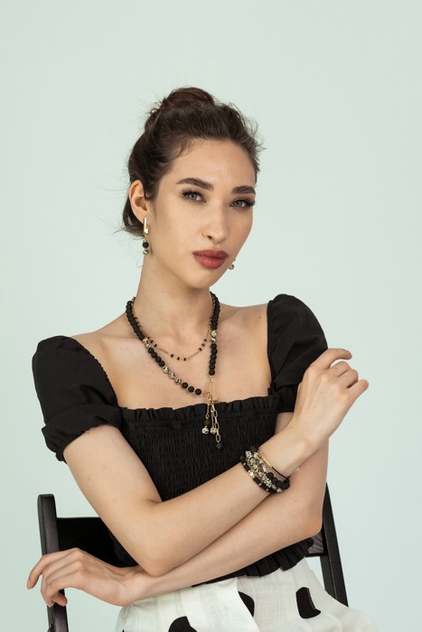 Women Gold-Plated Boho Layered Necklace Set 2Pcs, Black Beads with Chain Links, Jasper & Lava Stone with Stone & Star Pendant, Bohemian Trendy & Adjustable Stylish Fashion Jewelry