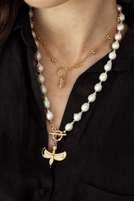 Women Gold-Plated Boho Layered Necklace Set 2Pcs, Chain with Heart Pendant, Ivory Simulated Pearl with Bird Pendant, Bohemian Trendy & Adjustable Stylish Fashion Jewelry