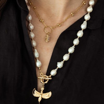 Women Gold-Plated Boho Layered Necklace Set 2Pcs, Chain with Heart Pendant, Ivory Simulated Pearl with Bird Pendant, Bohemian Trendy & Adjustable Stylish Fashion Jewelry