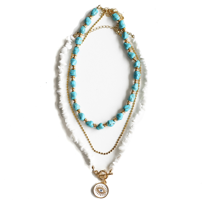 Women Gold-Plated Boho Layered Necklace Set 3Pcs, Blue Turquoise Stone, Chain, Moonstone with Eye Pendant, Bohemian Trendy & Adjustable Stylish Fashion Jewelry