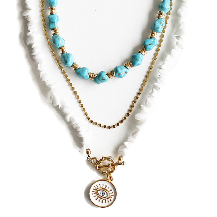 Women Gold-Plated Boho Layered Necklace Set 3Pcs, Blue Turquoise Stone, Chain, Moonstone with Eye Pendant, Bohemian Trendy & Adjustable Stylish Fashion Jewelry