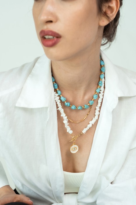 Women Gold-Plated Boho Layered Necklace Set 3Pcs, Blue Turquoise Stone, Chain, Moonstone with Eye Pendant, Bohemian Trendy & Adjustable Stylish Fashion Jewelry