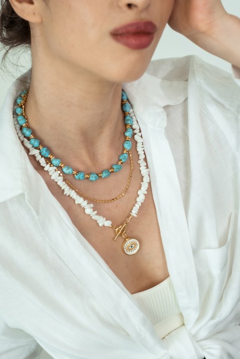 Women Gold-Plated Boho Layered Necklace Set 3Pcs, Blue Turquoise Stone, Chain, Moonstone with Eye Pendant, Bohemian Trendy & Adjustable Stylish Fashion Jewelry