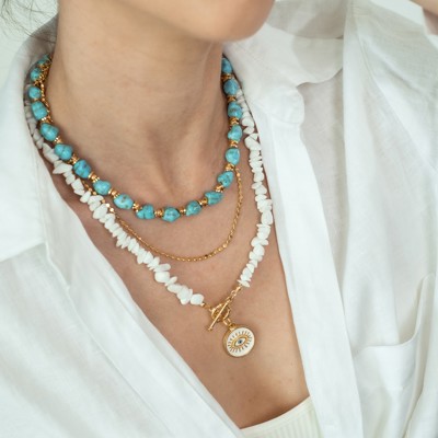 Women Gold-Plated Boho Layered Necklace Set 3Pcs, Blue Turquoise Stone, Chain, Moonstone with Eye Pendant, Bohemian Trendy & Adjustable Stylish Fashion Jewelry