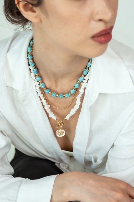 Women Gold-Plated Boho Layered Necklace Set 3Pcs, Blue Turquoise Stone, Chain, Moonstone with Eye Pendant, Bohemian Trendy & Adjustable Stylish Fashion Jewelry