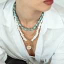  Women Gold-Plated Boho Layered Necklace Set 3Pcs, Blue Turquoise Stone, Chain, Moonstone with Eye Pendant, Bohemian Trendy & Adjustable Stylish Fashion Jewelry