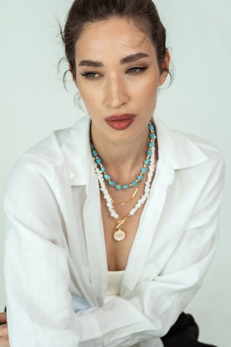 Women Gold-Plated Boho Layered Necklace Set 3Pcs, Blue Turquoise Stone, Chain, Moonstone with Eye Pendant, Bohemian Trendy & Adjustable Stylish Fashion Jewelry