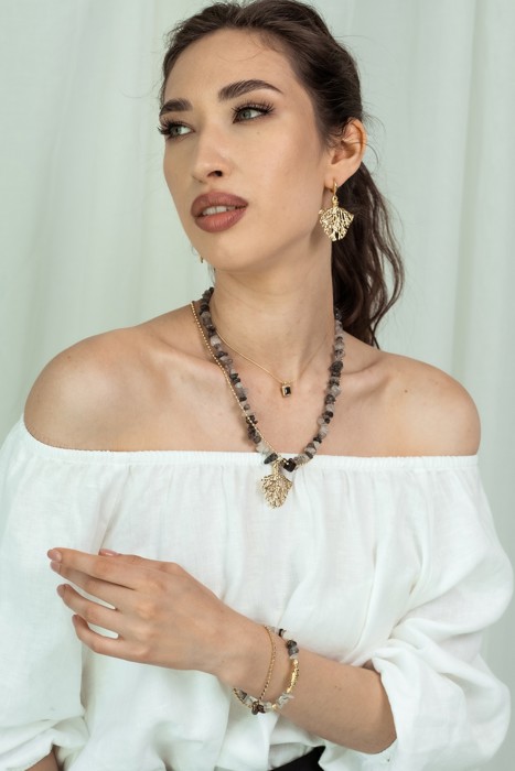 Women Gold-Plated Boho Layered Necklace Set 3Pcs, Chain with Square Pendant, Ball Chain with Black Bead, Moonstone with Leaf Pendant, Bohemian Trendy & Adjustable Stylish Fashion Jewelry