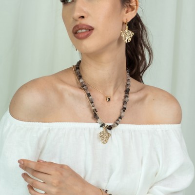 Women Gold-Plated Boho Layered Necklace Set 3Pcs, Chain with Square Pendant, Ball Chain with Black Bead, Moonstone with Leaf Pendant, Bohemian Trendy & Adjustable Stylish Fashion Jewelry