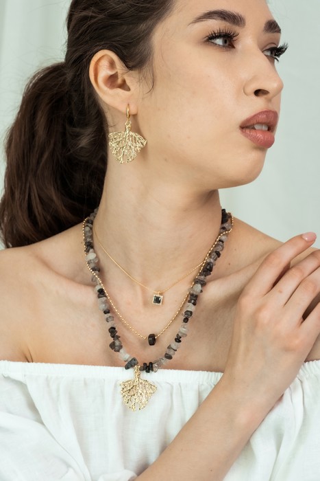 Women Gold-Plated Boho Layered Necklace Set 3Pcs, Chain with Square Pendant, Ball Chain with Black Bead, Moonstone with Leaf Pendant, Bohemian Trendy & Adjustable Stylish Fashion Jewelry