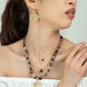  Women Gold-Plated Boho Layered Necklace Set 3Pcs, Chain with Square Pendant, Ball Chain with Black Bead, Moonstone with Leaf Pendant, Bohemian Trendy & Adjustable Stylish Fashion Jewelry