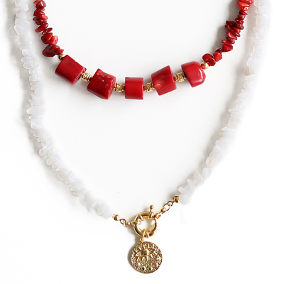 Women Gold-Plated Boho Layered Necklace Set 2 Pcs, Red Coral, Moonstone with Round Pendant, Bohemian Trendy & Adjustable Stylish Fashion Jewelry