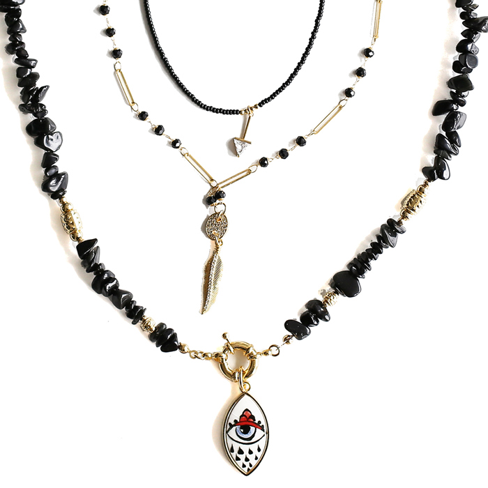 Women Gold-Plated Boho Layered Necklace Set 3Pcs, Black Bead with Triangle Pendant, Beads with Leaf Pendant, Onyx with Eye Pendant, Bohemian Trendy & Adjustable Stylish Fashion Jewelry