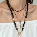  Women Gold-Plated Boho Layered Necklace Set 3Pcs, Black Bead with Triangle Pendant, Beads with Leaf Pendant, Onyx with Eye Pendant, Bohemian Trendy & Adjustable Stylish Fashion Jewelry