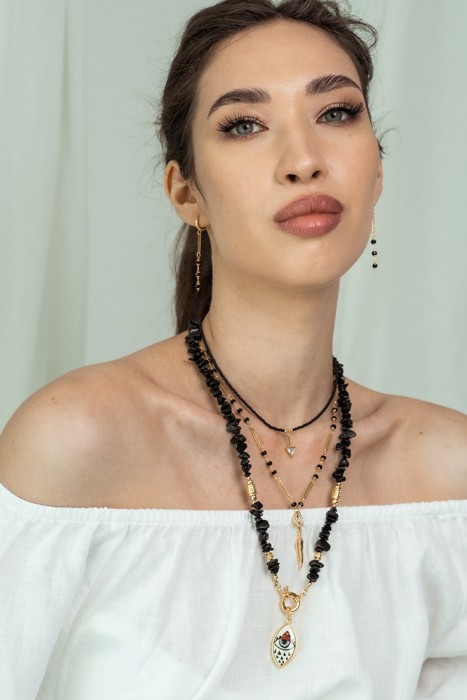 Women Gold-Plated Boho Layered Necklace Set 3Pcs, Black Bead with Triangle Pendant, Beads with Leaf Pendant, Onyx with Eye Pendant, Bohemian Trendy & Adjustable Stylish Fashion Jewelry