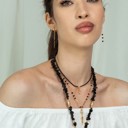  Women Gold-Plated Boho Layered Necklace Set 3Pcs, Black Bead with Triangle Pendant, Beads with Leaf Pendant, Onyx with Eye Pendant, Bohemian Trendy & Adjustable Stylish Fashion Jewelry