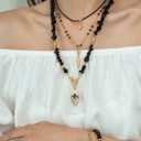  Women Gold-Plated Boho Layered Necklace Set 3Pcs, Black Bead with Triangle Pendant, Beads with Leaf Pendant, Onyx with Eye Pendant, Bohemian Trendy & Adjustable Stylish Fashion Jewelry