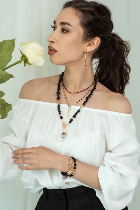 Women Gold-Plated Boho Layered Necklace Set 3Pcs, Black Bead with Triangle Pendant, Beads with Leaf Pendant, Onyx with Eye Pendant, Bohemian Trendy & Adjustable Stylish Fashion Jewelry