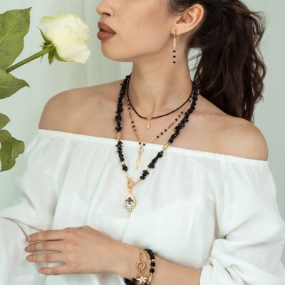 Women Gold-Plated Boho Layered Necklace Set 3Pcs, Black Bead with Triangle Pendant, Beads with Leaf Pendant, Onyx with Eye Pendant, Bohemian Trendy & Adjustable Stylish Fashion Jewelry