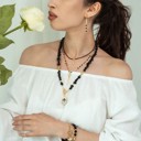  Women Gold-Plated Boho Layered Necklace Set 3Pcs, Black Bead with Triangle Pendant, Beads with Leaf Pendant, Onyx with Eye Pendant, Bohemian Trendy & Adjustable Stylish Fashion Jewelry