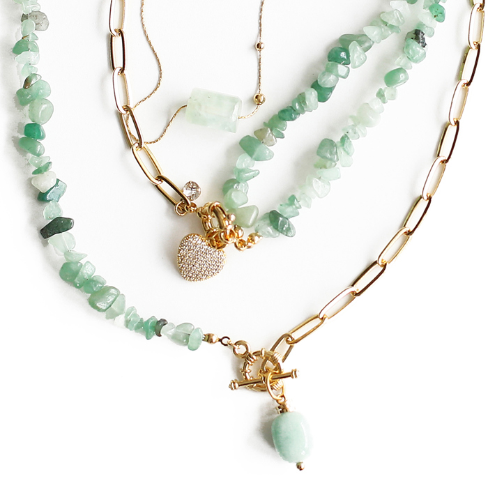 Women Gold-Plated Boho Layered Necklace Set 3Pcs, Chain with Stone, Half Chain & Aventurine with Heart Pendant, Half Chain & Aventurine with Stone Pendant, Trendy & Adjustable Stylish Fashion Jewelry