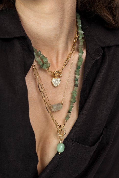 Women Gold-Plated Boho Layered Necklace Set 3Pcs, Chain with Stone, Half Chain & Aventurine with Heart Pendant, Half Chain & Aventurine with Stone Pendant, Trendy & Adjustable Stylish Fashion Jewelry