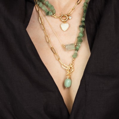 Women Gold-Plated Boho Layered Necklace Set 3Pcs, Chain with Stone, Half Chain & Aventurine with Heart Pendant, Half Chain & Aventurine with Stone Pendant, Trendy & Adjustable Stylish Fashion Jewelry